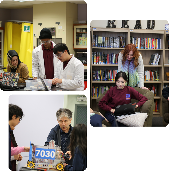 Students engaged in various activities in a science lab, showcasing teamwork and experimentation